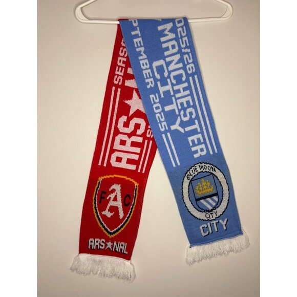 ARSENAL MANCHESTER CITY Scarf September 21, 2025 Game Red Blue Knit Fringe - Picture 1 of 3